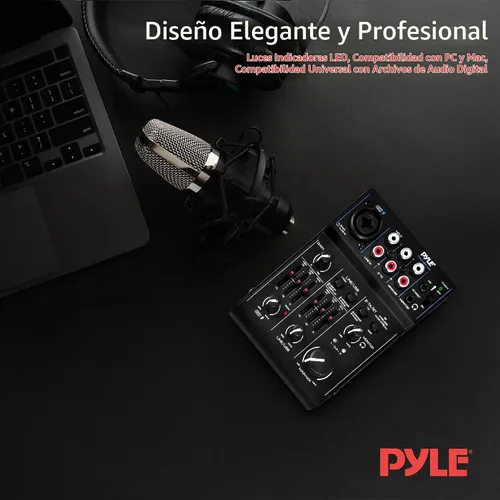 Vista 7 de Pyle Mezclador de audio Bluetooth de 3 canales - Controlador de sonido DJ e interfaz de tarjeta de sonido USB para grabación de PC, entrada XLR