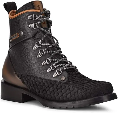 Vista 2 de Cuadra Bota minera para hombre en piel auténtica pirarucu y piel bovina con cordones y cremallera