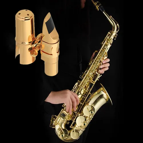 Vista 7 de Yibuy Boquilla de saxofón tenor B-flat de latón chapado en oro con ligadura de tapa 7 #