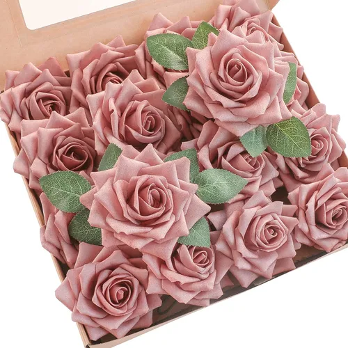 Vista 7 de Floroom Flores artificiales, 16 rosas de té híbridas de espuma de color burdeos de aspecto real de 3.5 pulgadas con tallos para bricolaje, ramos