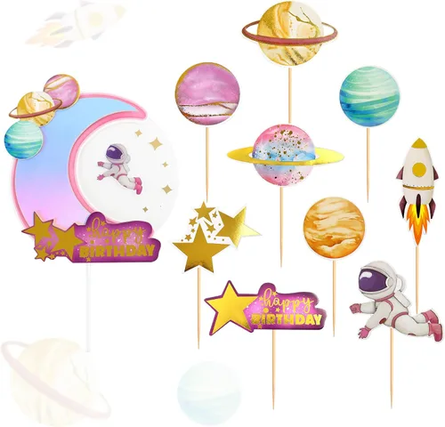 Vista 8 de Ercadio 1 pieza de decoración para tartas de niña espacial, luna, estrella, cohete, planeta, decoración de pasteles, espacio de feliz cumpleaños