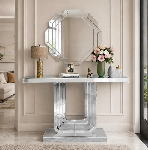 Vista 20 de Mesa consola con espejo de 55 pulgadas, mesa larga para sofá de sala de estar, oficina, detalles de cristal de diseño hexagonal, moderno escritorio
