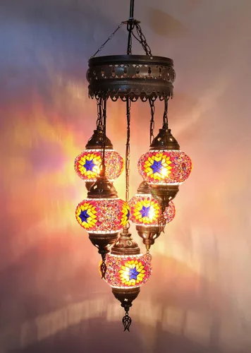 Vista 5 de Asylove Candelabros turcos de 5 globos, lámpara colgante de mosaico, iluminación de techo marroquí Art Deco de 5 globos, 5 pulgadas de altura total