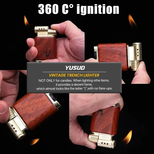 Vista 5 de Yusud Encendedor Vintage de Trinchera, Encendedor Fresco de Butano Recargable, Encendedor Antiguo con Tapa, Encendedores de Mesa de Llama Suave