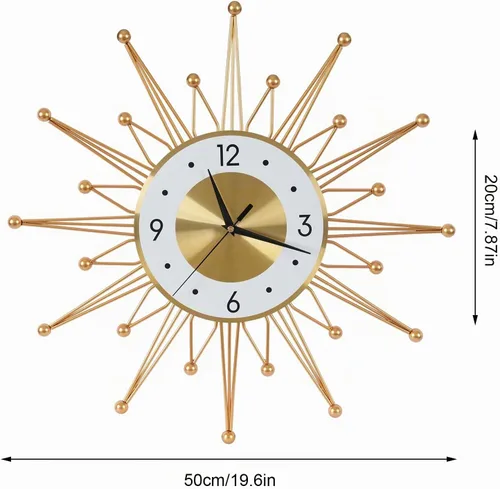 Vista 2 de Reloj de pared grande silencioso de 19.6 pulgadas para decoración de sala de estar, reloj de pared dorado con forma de explosión de sol y estrella