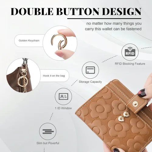 Vista 3 de Cartera RFID para mujer, delgada y pequeña, de piel con estampado de flores, plegable, compacta, con tarjetero y bolsillo para monedas, color marrón