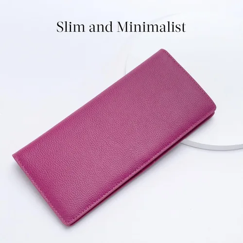 Vista 2 de Bveyzi Billeteras de cuero ultrafino con bloqueo RFID para tarjetas de crédito, billetera plegable para mujer, Rosa encendido