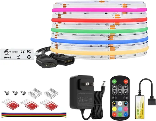 Vista 10 de BTF-LIGHTING Tira de LED FCOB COB RGBW 4000K Flexible Kit de Luz Uniforme de Alta Densidad Certificada UL DC12V Control Remoto RF de 16.4 Pies 12mm