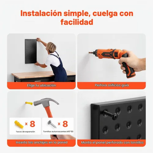 Vista 6 de VEVOR Paneles de metal con clavijas, tablero perforado de 24" x 12", 2 paneles, organizador de pared resistente con accesorios, para sala de estar
