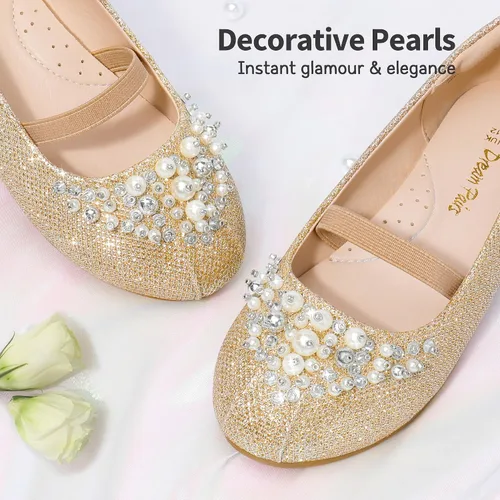 Vista 4 de DREAM PAIRS Zapatos de ballet planos con flores para niñas, Mary Jane, zapatos planos de bailarina para vestido de diariobodafiesta