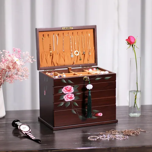 Vista 2 de Xloverise Joyero de madera para Wowen, organizador de 5 capas de pintura a mano con colgador de collar, organizador de cajas de joyería grandes