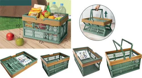 Vista 6 de Cesta de plástico plegable duradera con 2 asas, cestas de compras reutilizables para comestibles; pequeñas cajas de almacenamiento plegables