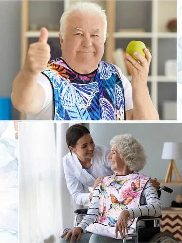 Vista 6 de Eurzom Paquete de 6 baberos para adultos para mujeres y hombres mayores, baberos reutilizables para adultos para comer con recogedor de migas