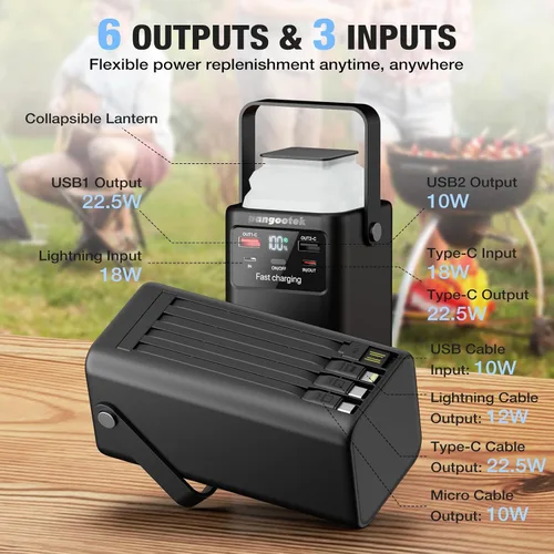 Vista 2 de Estación de Energía Portátil 99Wh 27000mAh Cargador Portátil Banco de Energía con Luz de Camping 22.5W Carga Rápida QC 3.0 PD Cables Integrados