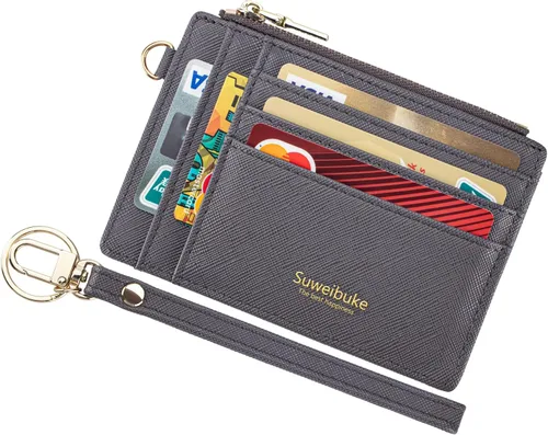 Vista 8 de Cartera delgada para mujer con bloqueo RFID para tarjetas de crédito, porta tarjetas tipo pulsera con cremallera para identificación, cartera