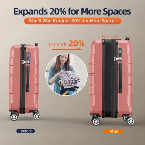 Vista 5 de SHOWKOO Sets de equipaje, maleta ampliable con doble ruedas, bloqueo TSA, 3pcs, Rose gold