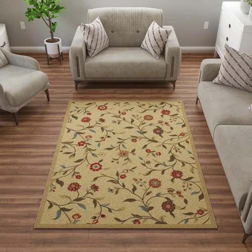 Vista 25 de Ottomanson, colección OttoHome, tapete para corredor con diseño azul claro y damasco (antiderrapante), parte trasera de goma Floral Beige