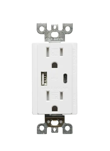 Vista 2 de Sunlite 08154 Cargador USB y receptáculo dúplex, puertos USB-A/C, CC 4.8A 5A, 15A-125VAC, estilo decorador, resistente a manipulaciones, blanco