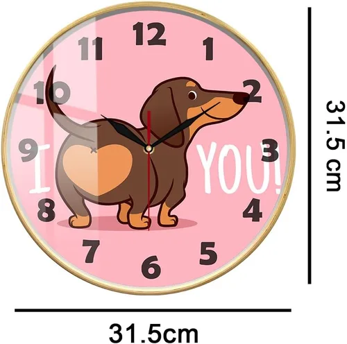 Vista 2 de Reloj de pared rosa de perro salchicha de 12 pulgadas, funciona con pilas, reloj de pared analógico redondo de madera para amantes de los perros
