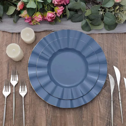 Vista 19 de Tableclothsfactory Paquete de 10 platos redondos de plástico negro de 6 pulgadas para ensalada de postre, platos desechables con borde ondulado