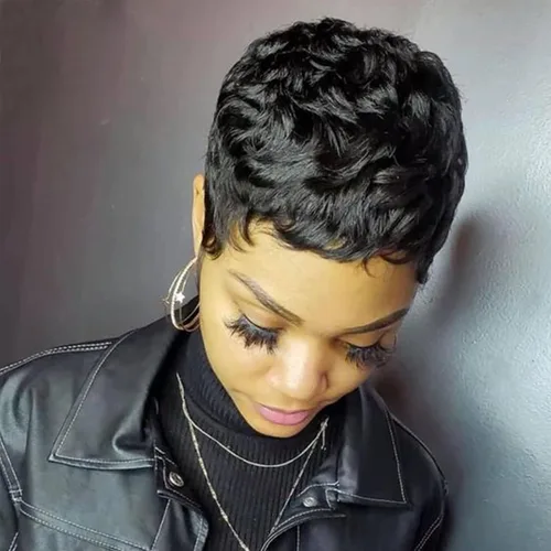Vista 6 de YOUKNOWIG Peluca corta de corte Pixie en capas, pelucas de cabello humano sin pegamento con corte Pixie para mujeres negras, hechas a máquina, sin