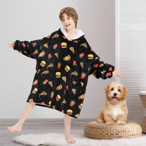 Vista 2 de Fiosnow Manta con capucha de pizza y papas fritas para niños de 6 a 13 años, manta de gran tamaño para niños, niñas y adolescentes Pizza negra