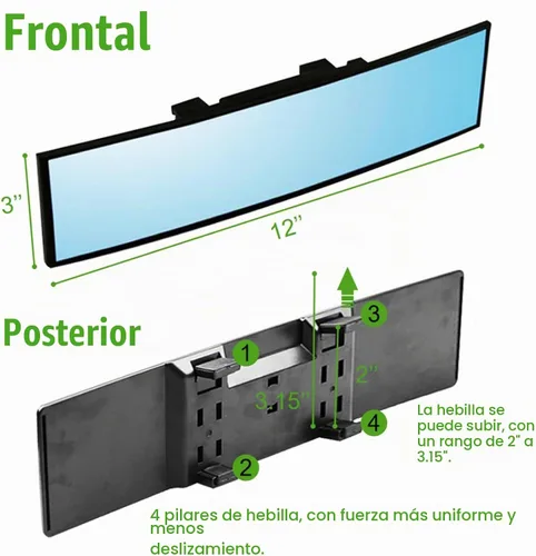 Vista 2 de Espejo retrovisor para auto de vidrio HD de 12 pulgadas, antirreflejos, con clip, panorámico, de gran angular, espejo retrovisor interior universal