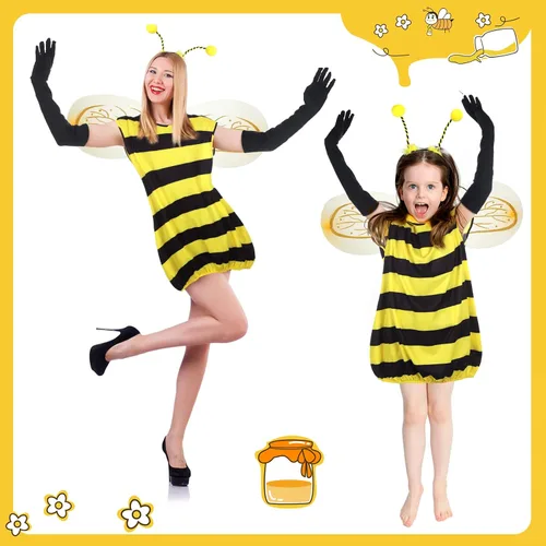 Vista 6 de Laumoi 8 Pcs Bee Costume Set Kids Bee Fancy Dress Wing Leg Warmers Pants Gloves Bee Outfit for Children Halloween Cosplay