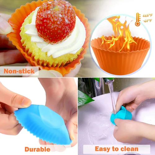 Vista 5 de IPOW Juego de 24 moldes de silicona para hornear cupcakes, reutilizables, de grado alimenticio, sin BPA, antiadherentes, 2 formas, rectángulo redondo