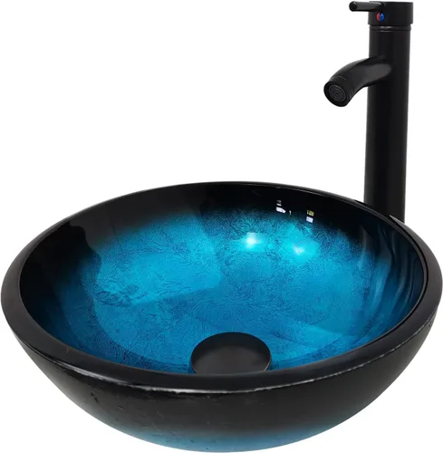 Vista 2 de Fregadero de baño de 12 pulgadas, lavabo de vidrio templado, cuenco redondo con grifo combinado, azul
