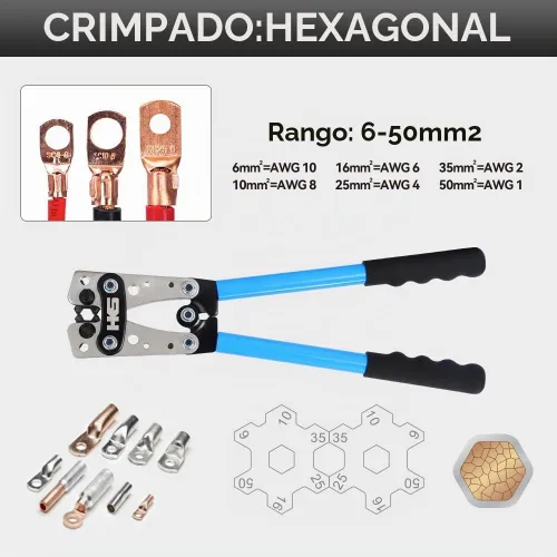 Vista 2 de HKS Herramienta de prensado de terminales de cable de batería 10-1 AWG - Engarzadora de cable resistente para terminales de anillo Terminales