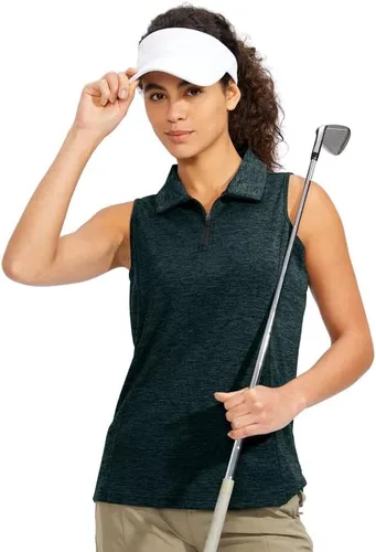 Vista 3 de Viodia Camiseta de golf sin mangas para mujer, con cremallera, de secado rápido, camisetas polo para mujer, ropa de golf