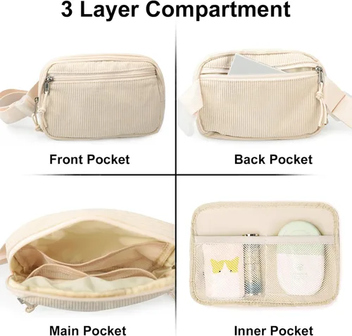 Vista 6 de Riñonera cruzada pequeña para mujeres y hombres, bolsa cruzada para deportes, viajes, correr, entrenamiento casual, pana beige-rosa A, A