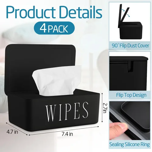 Vista 2 de Paquete de 4 dispensadores de toallitas para bebé, soporte recargable con tapa, contenedor de toallitas higiénicas para baño, caja de almacenamiento