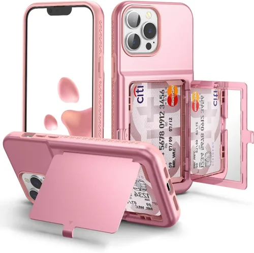 Vista 10 de WeLoveCase Funda para iPhone 13 Pro Max para mujer con tarjetero y espejo oculto, dos capas a prueba de golpes resistente funda protectora tipo Negro