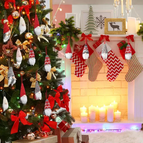 Vista 5 de Juego de 16 adornos de gnomo para árbol de Navidad, hechos a mano, colgantes, suecos, de felpa, Papá Noel, elfo, decoraciones de árbol de Navidad