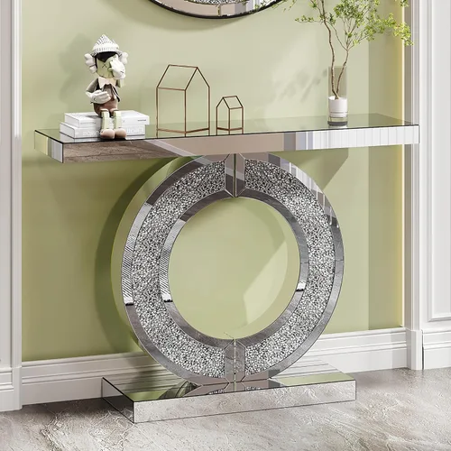 Vista 8 de Mesa de consola con espejo de 48 pulgadas, mesa de entrada moderna de plata glamorosa con borde tallado negro vintage con espejo de vidrio para sala