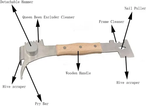 Vista 4 de AukBeeFun Herramientas de colmena de acero multiusos con mango de madera y herramienta de raspador de colmena de abejas con 7 funciones Equipo