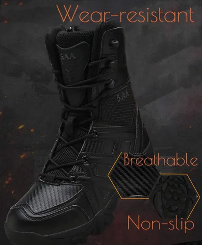 Vista 3 de Botas militares para hombre con cierre lateral de velcro, botas tácticas sport para montañismo, senderismo y combate