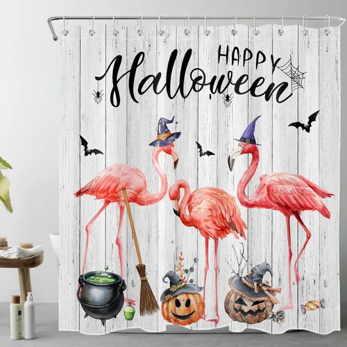 Vista 11 de LB Cortina de ducha de feliz Halloween para baño, flamenco rosa y calabaza naranja con sombrero mágico, cortina de ducha de tela con ganchos, juego