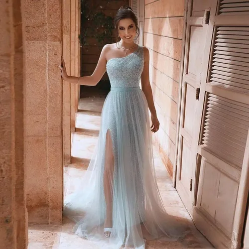 Vista 2 de Vestidos largos de lentejuelas de un hombro para mujer, vestido de noche formal con abertura alta de tul brillante 2024 con abertura