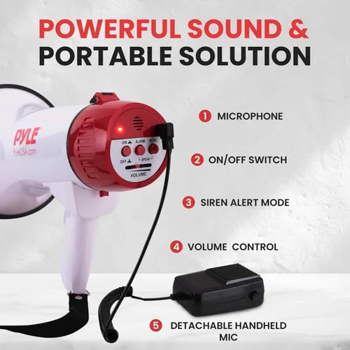 Vista 5 de Pyle PMP40 Megáfono. Altavoz con sirena incorporada, con volumen regulable, rango de hasta 800 yardas. Ideal para fútbol americano, fútbol