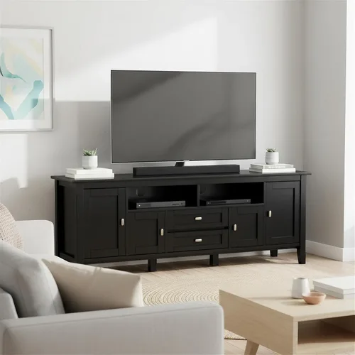 Vista 29 de SIMPLIHOME Warm Shaker - Soporte de TV de madera maciza de 72 pulgadas de Marrón rojizo
