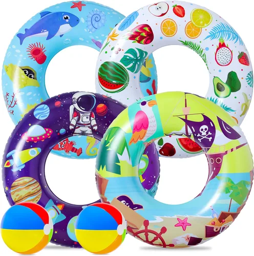 Vista 10 de FindUWill Paquete de 6 flotadores de piscina para niños, anillos de natación para piscina (paquete de 4) – 4 flotadores grandes inflables para playa