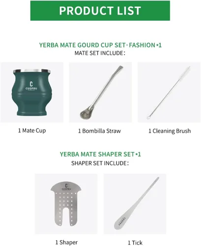 Vista 4 de Cuopru Juego y taza de yerba mate de acero inoxidable, 6.7 onzas, verde militar, diseño moderno