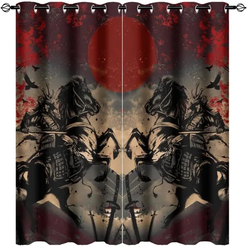 Vista 25 de Cortinas opacas abstractas japonesas samuráis para dormitorio, caballo samurái rústico, rojo, ojal, aislamiento térmico, cortinas de oscurecimiento