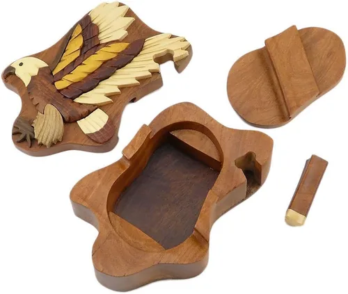 Vista 2 de Flying Eagle - Caja de rompecabezas de madera natural de Intarsia, hecha a mano con compartimento secreto