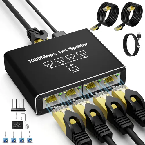 Vista 11 de Divisor Ethernet Gigabit 1 a 2, Divisores de cable LAN, interruptor Ethernet RJ45 de alta velocidad de 1000 Mbps con cable de alimentación USB C