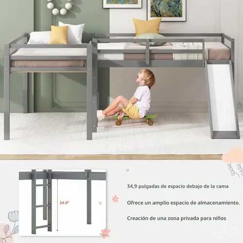 Vista 6 de Merax Cama doble tipo loft de tamaño individual con tobogán y escalera, marco de cama de madera en forma de L con barandilla de longitud completa