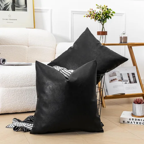 Vista 9 de Juego de 2 fundas de almohada modernas de piel sintética negra de 18 x 18 pulgadas, fundas decorativas de doble cara para sala de estar, sofá